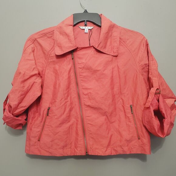 Cabi Scooter Cropped Coral Moto Jacket Size Medium Asymetrical Zipper Style 913 - Picture 2 of 12